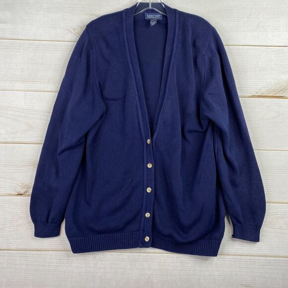 Vintage Lands End Sweater Womens L 14/16 Navy Blue Cardigan Button Up Knit USA - Picture 1 of 8